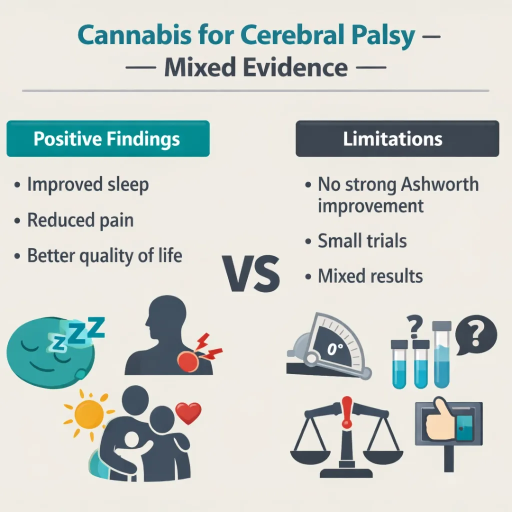 cannabis cerebral palsy mixed evidence infographic spasticity pain sleep