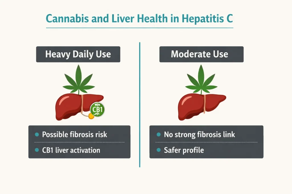 cannabis liver fibrosis risk hepatitis C heavy vs moderate use infographic