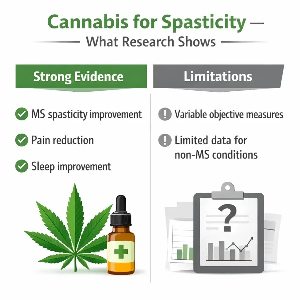 cannabis for spasticity research MS SCI stroke benefits limitations infographic