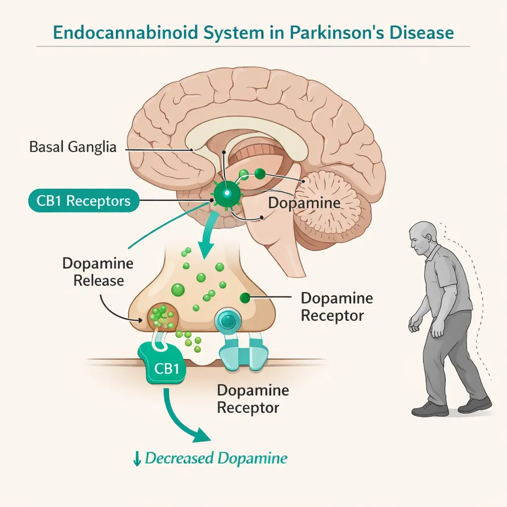 endocannabinoid system Parkinson’s disease CB1 basal ganglia dopamine interaction diagram