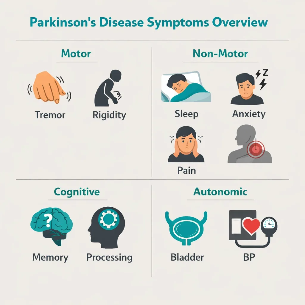 Parkinson’s disease motor non motor cognitive autonomic symptoms infographic