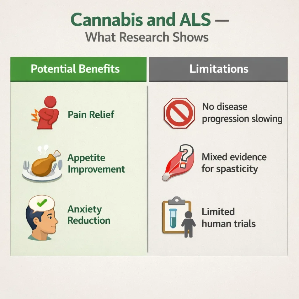 medical cannabis ALS research benefits limitations pain appetite anxiety infographic