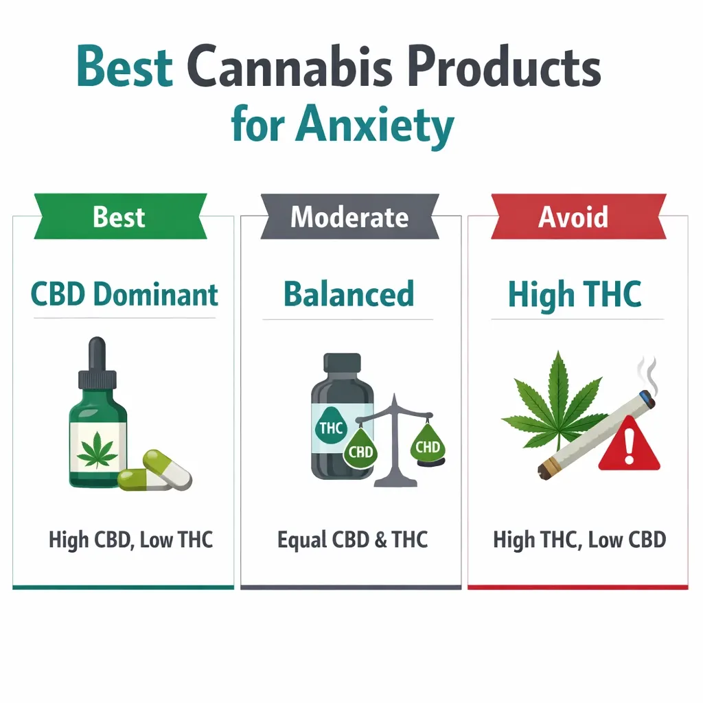 best cannabis products anxiety CBD dominant vs THC infographic