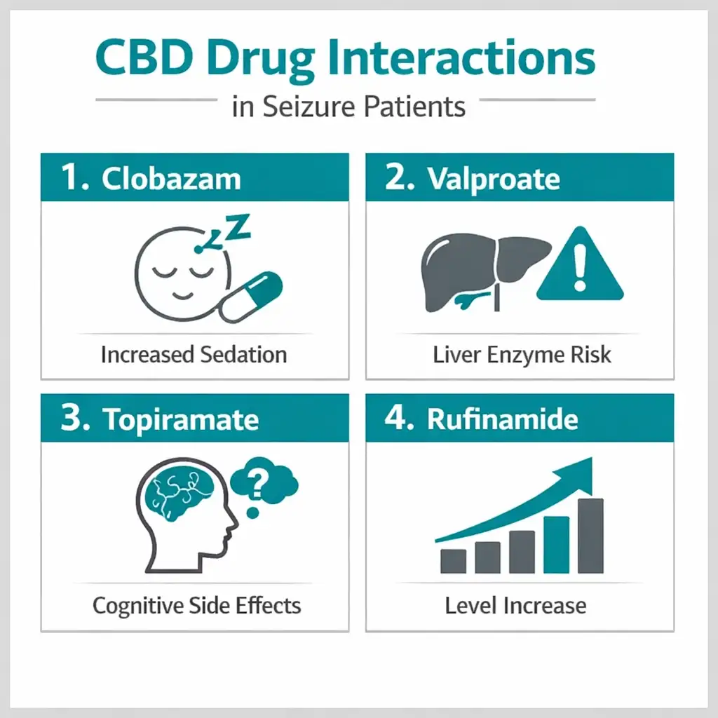 CBD drug interactions epilepsy clobazam valproate topiramate rufinamide infographic