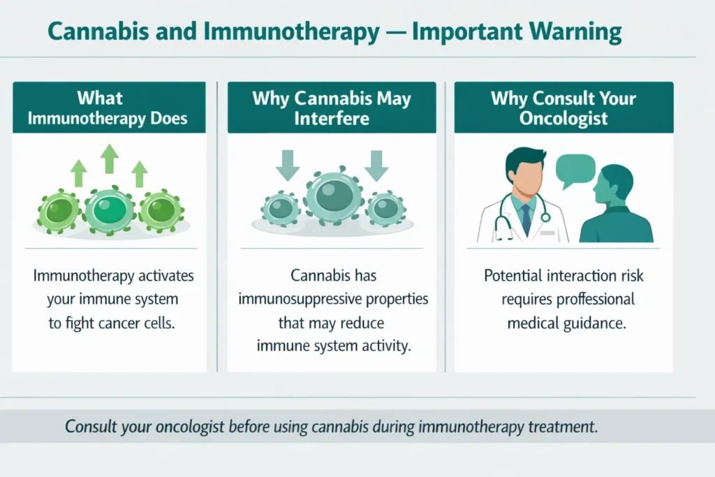 cannabis immunotherapy interaction cancer immune response warning infographic