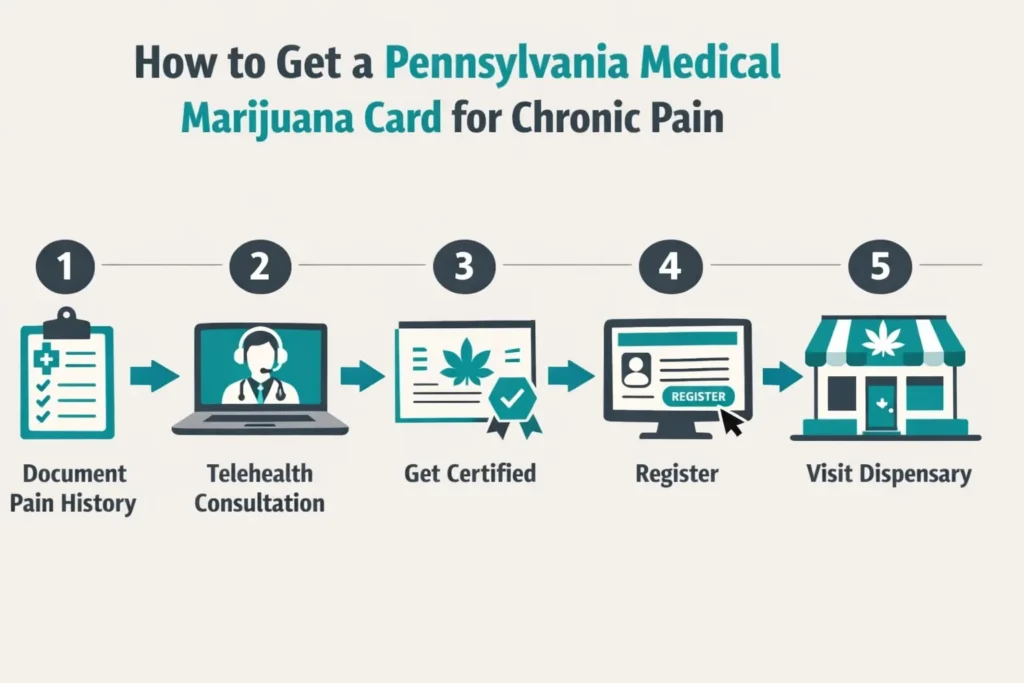 how to get medical marijuana card Pennsylvania chronic pain step by step process infographic