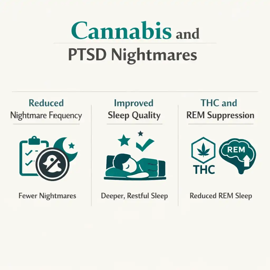 cannabis PTSD nightmares sleep improvement THC REM suppression infographic