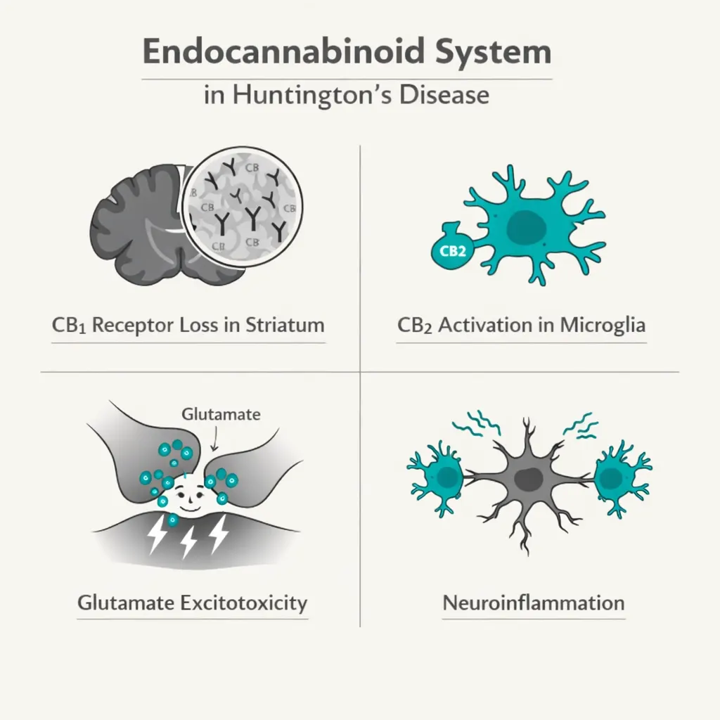 endocannabinoid system Huntington’s disease CB1 receptor loss striatum CB2 neuroinflammation diagram