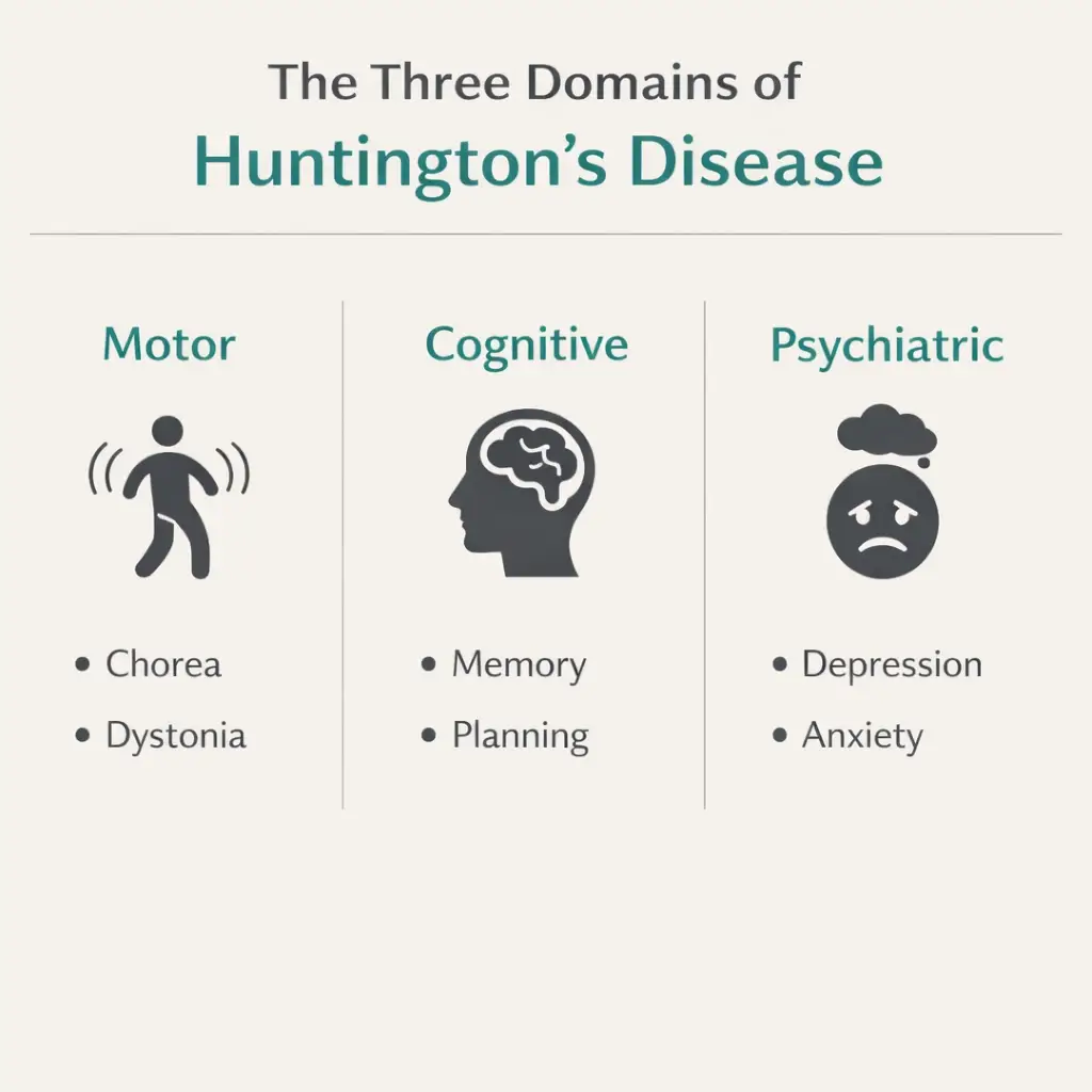 Huntington’s disease motor cognitive psychiatric symptoms chorea depression infographic