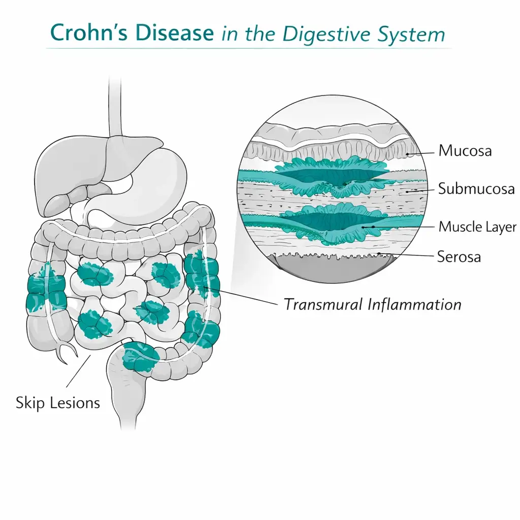 Crohn’s disease digestive tract inflammation skip lesions small intestine colon diagram