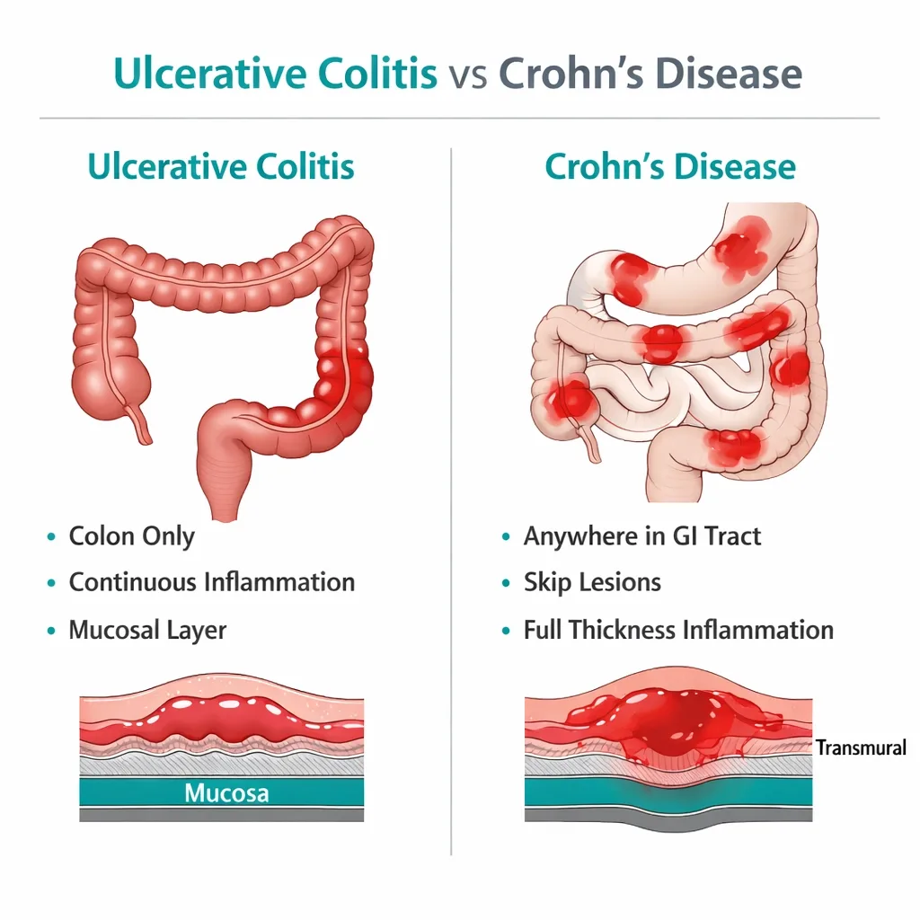ulcerative colitis vs Crohn’s disease colon inflammation comparison diagram