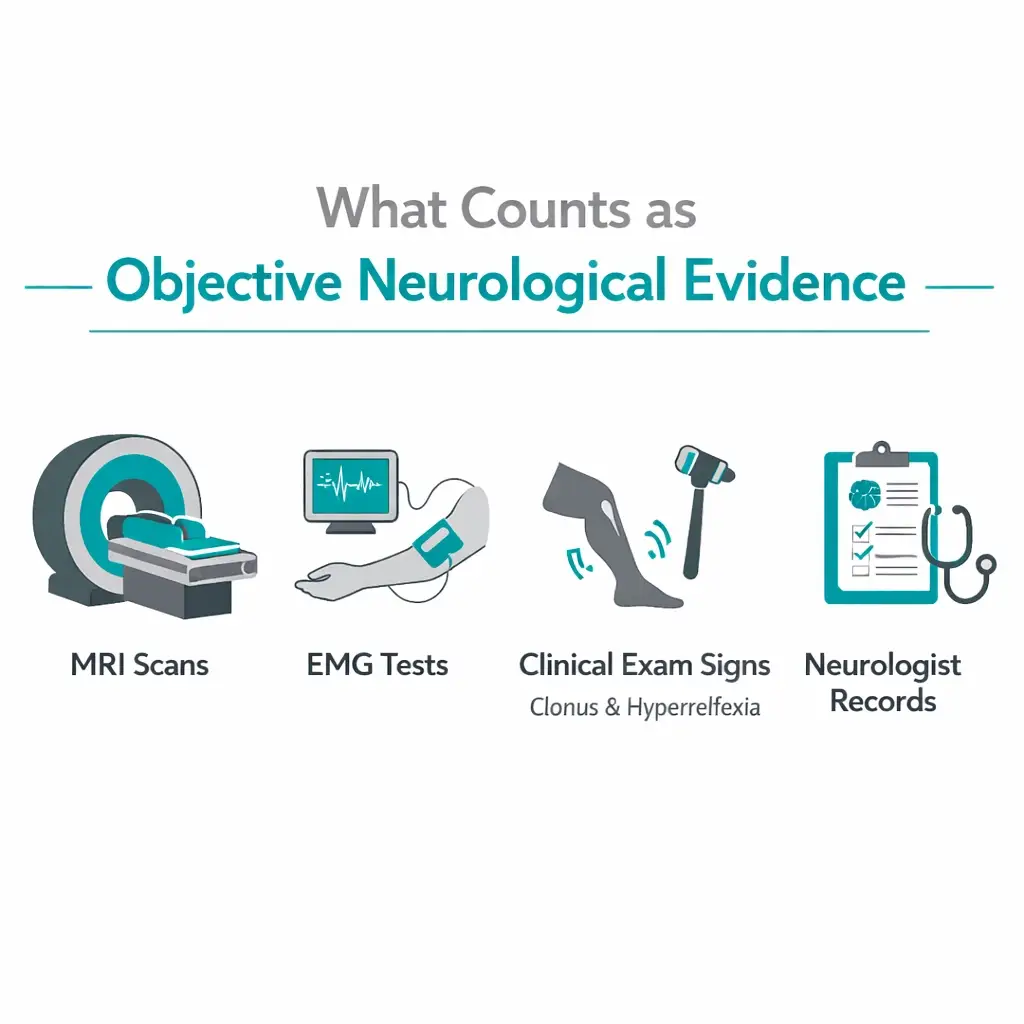 objective neurological evidence MRI EMG clinical signs spasticity diagnosis infographic