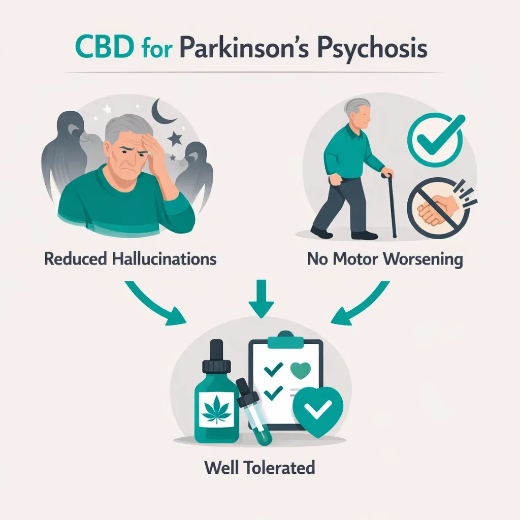 CBD Parkinson’s psychosis hallucinations reduction infographic clinical evidence