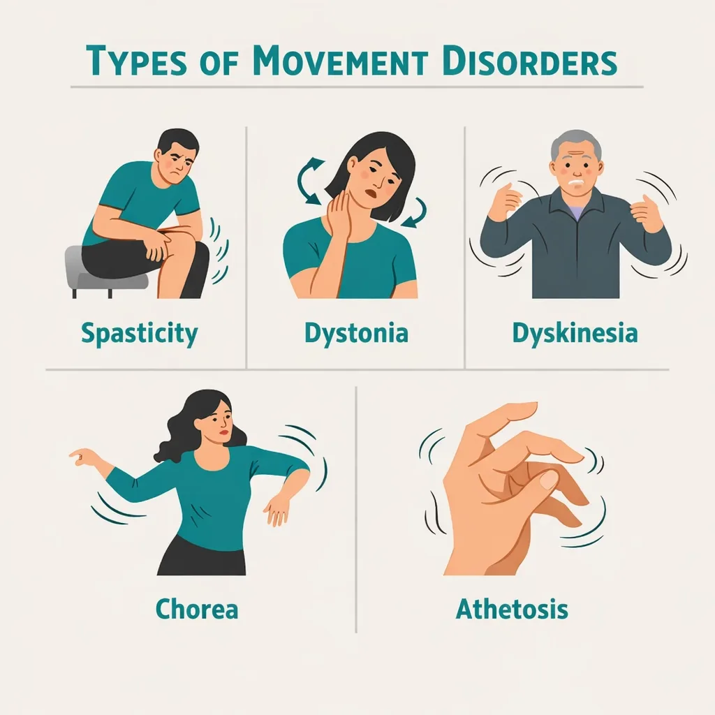 types of movement disorders spasticity dystonia dyskinesia chorea infographic