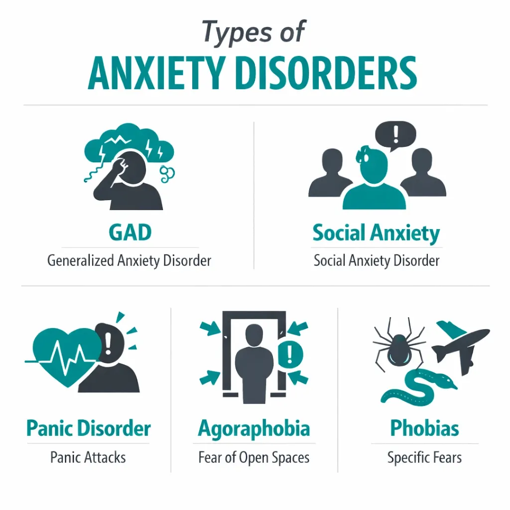 types of anxiety disorders GAD social anxiety panic disorder infographic