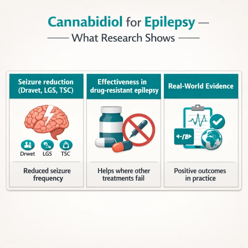 CBD epilepsy research seizure reduction Dravet LGS TSC infographic clinical evidence