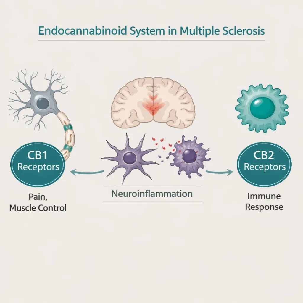 endocannabinoid system multiple sclerosis CB1 CB2 receptors neuroinflammation diagram