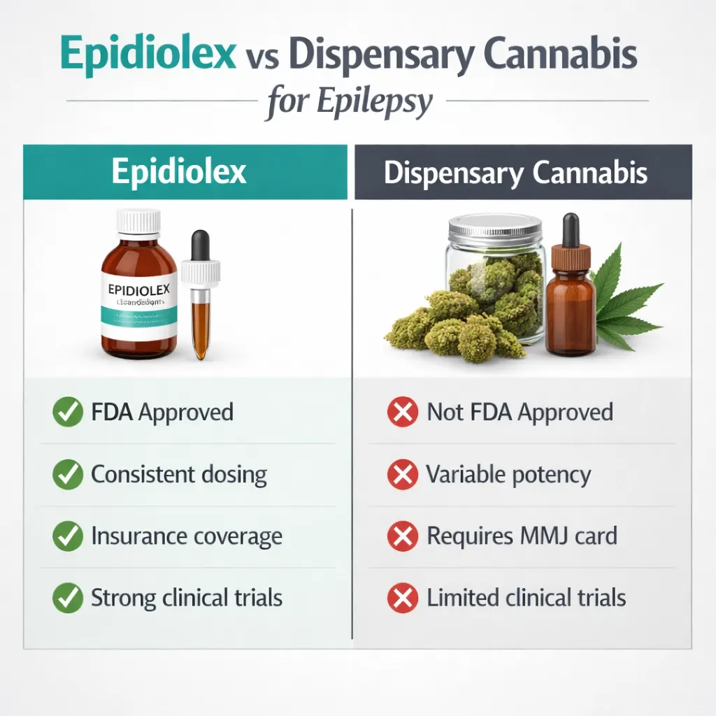 Epidiolex vs dispensary cannabis epilepsy CBD FDA approved comparison infographic Pennsylvania