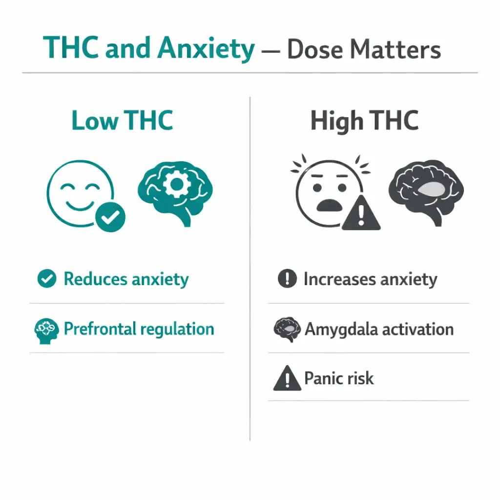 THC anxiety dose low vs high amygdala panic infographic