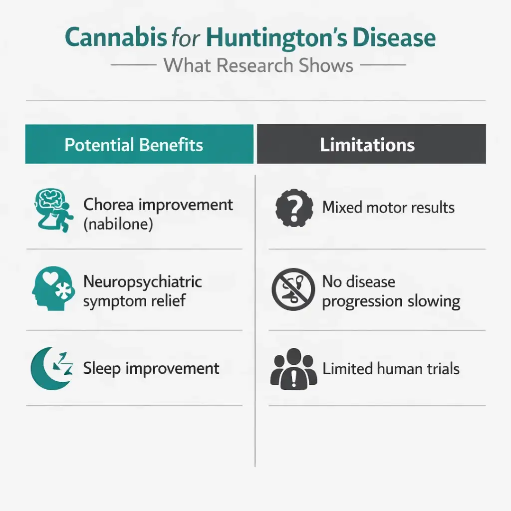cannabis Huntington’s disease research chorea neuropsychiatric symptoms benefits limitations infographic