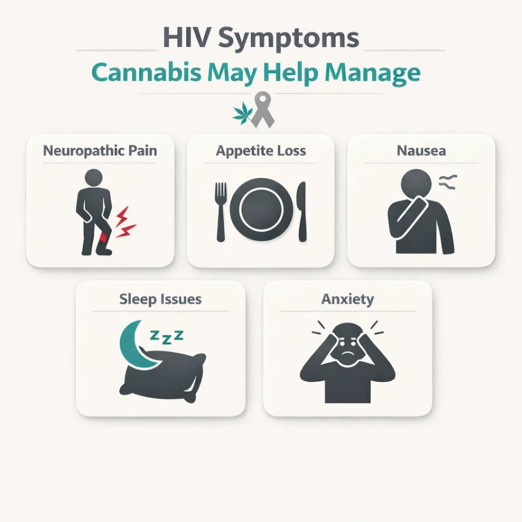 HIV symptoms neuropathy nausea appetite sleep anxiety cannabis relief infographic Pennsylvania