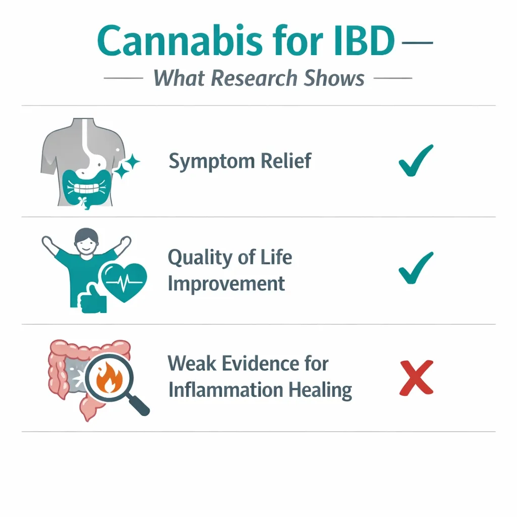 cannabis IBD research symptom relief quality of life weak inflammation healing infographic