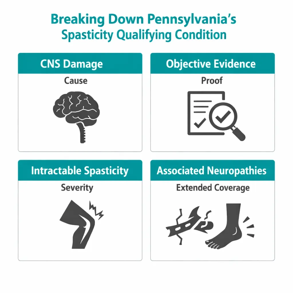 Pennsylvania spasticity qualifying condition CNS damage objective neurological indication explanation infographic
