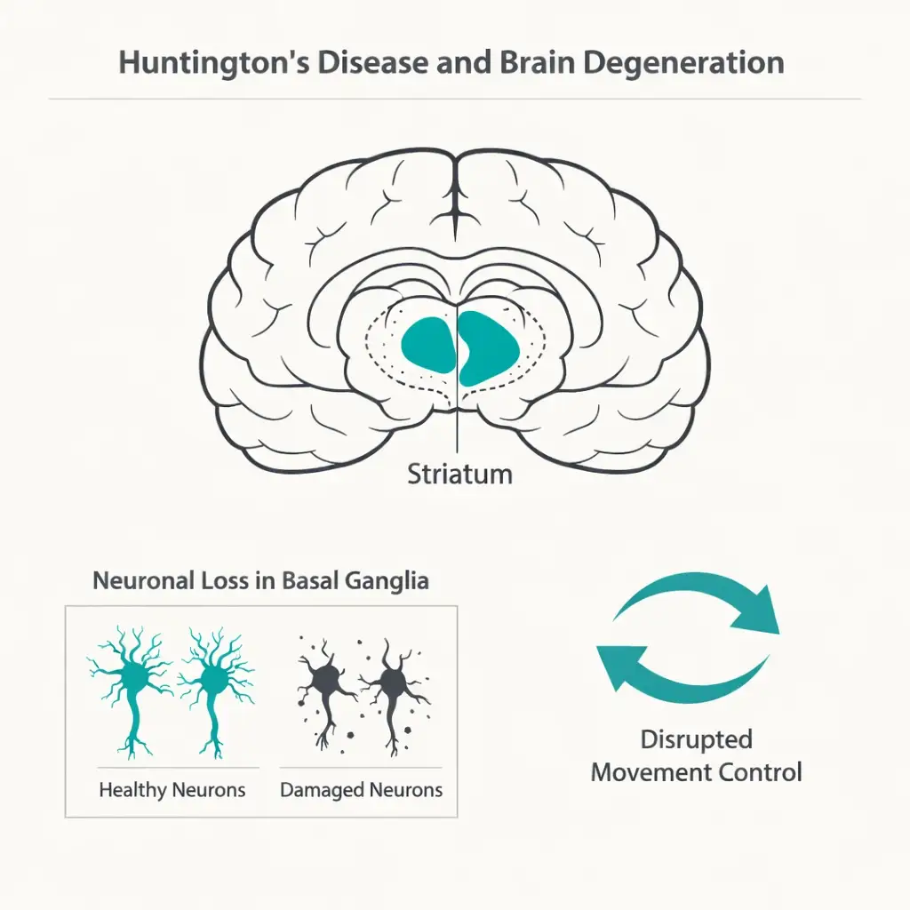 Huntington’s disease brain striatum degeneration basal ganglia neuron loss diagram