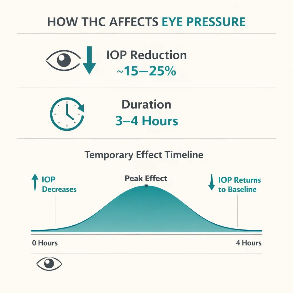 THC reduces eye pressure IOP temporary effect 3 to 4 hours glaucoma infographic