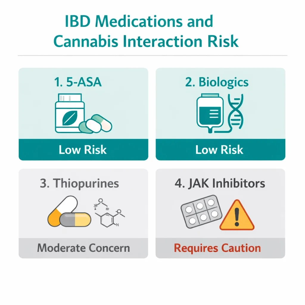 IBD medications cannabis interaction 5 ASA biologics thiopurines JAK inhibitors infographic