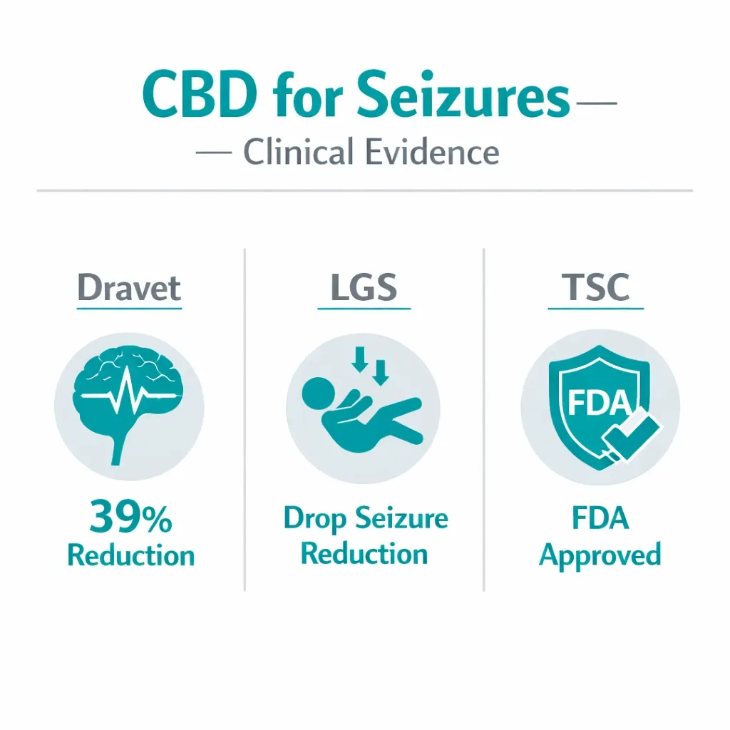 CBD seizures clinical trials Dravet LGS TSC seizure reduction infographic evidence