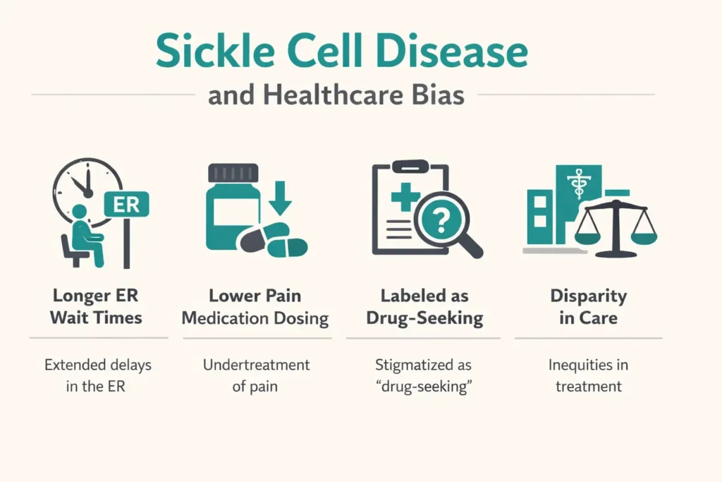 sickle cell disease healthcare bias ER wait times pain management disparity infographic