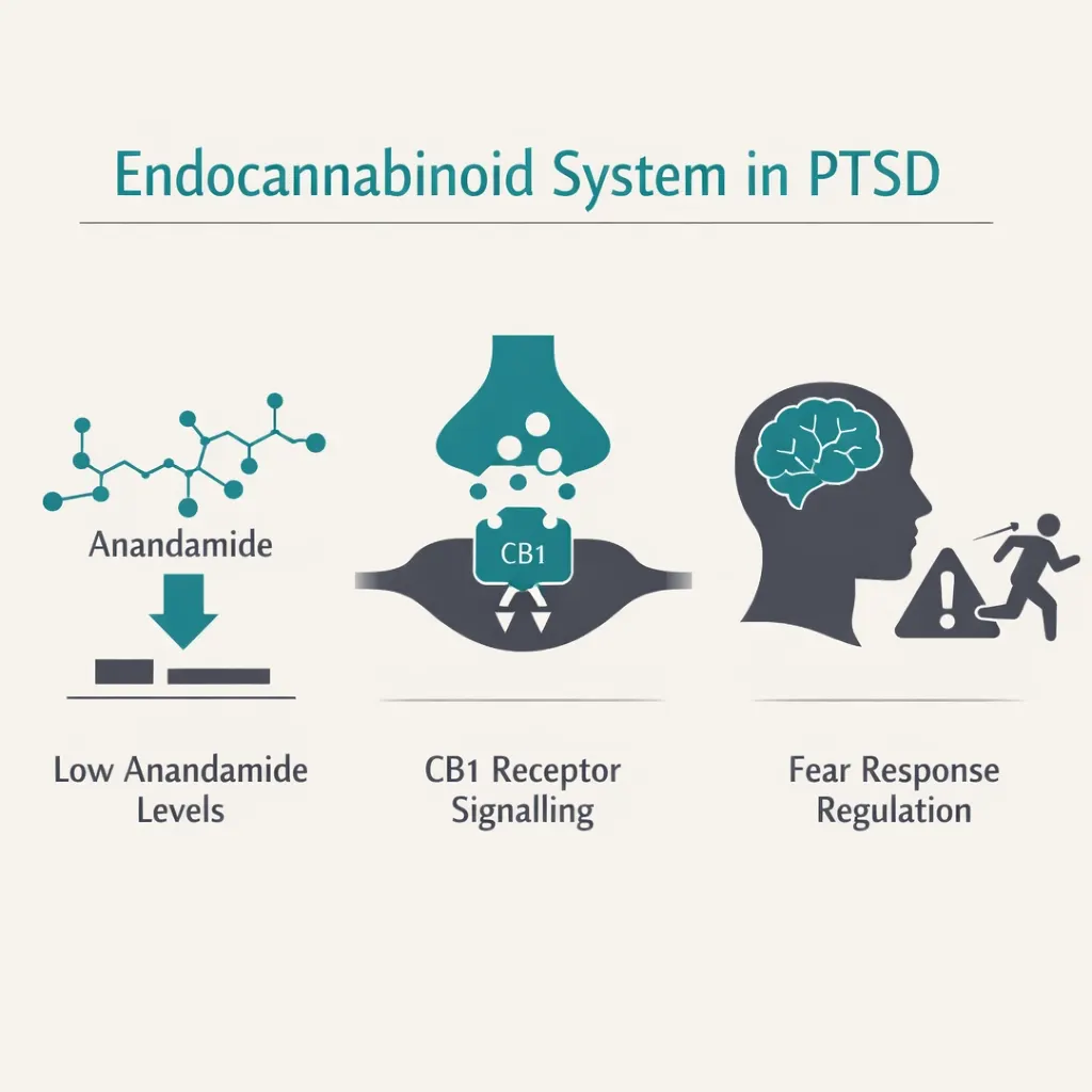 endocannabinoid system PTSD low anandamide CB1 receptor fear regulation diagram