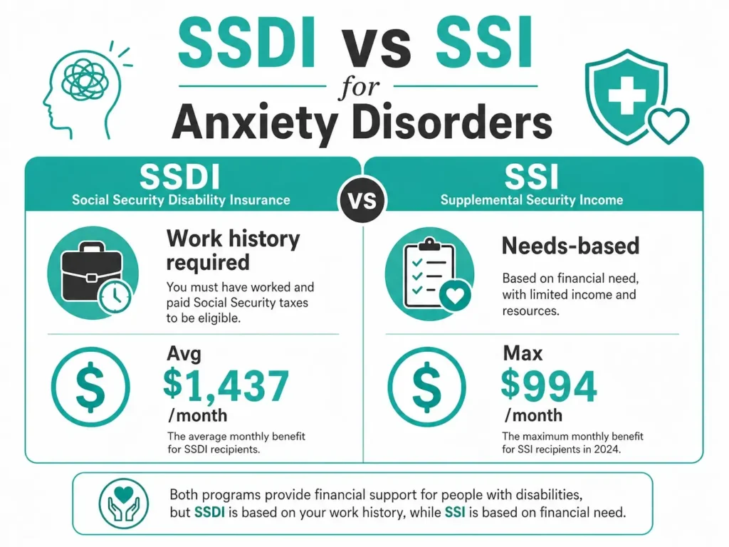 SSDI vs SSI anxiety disability benefits comparison infographic
