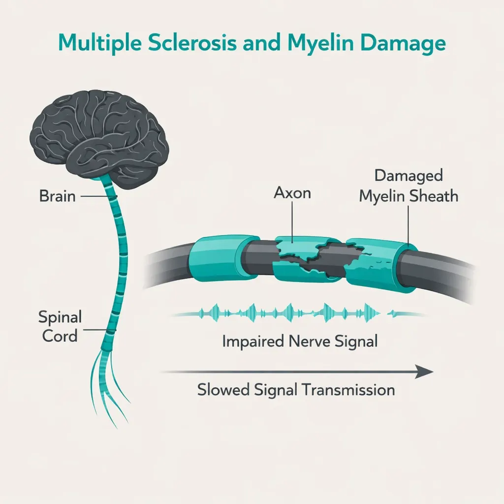 multiple sclerosis myelin damage nerve signal disruption brain spinal cord diagram