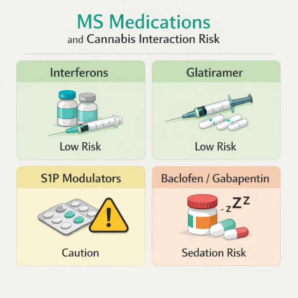 MS medications cannabis interaction interferons baclofen gabapentin sedation risk infographic