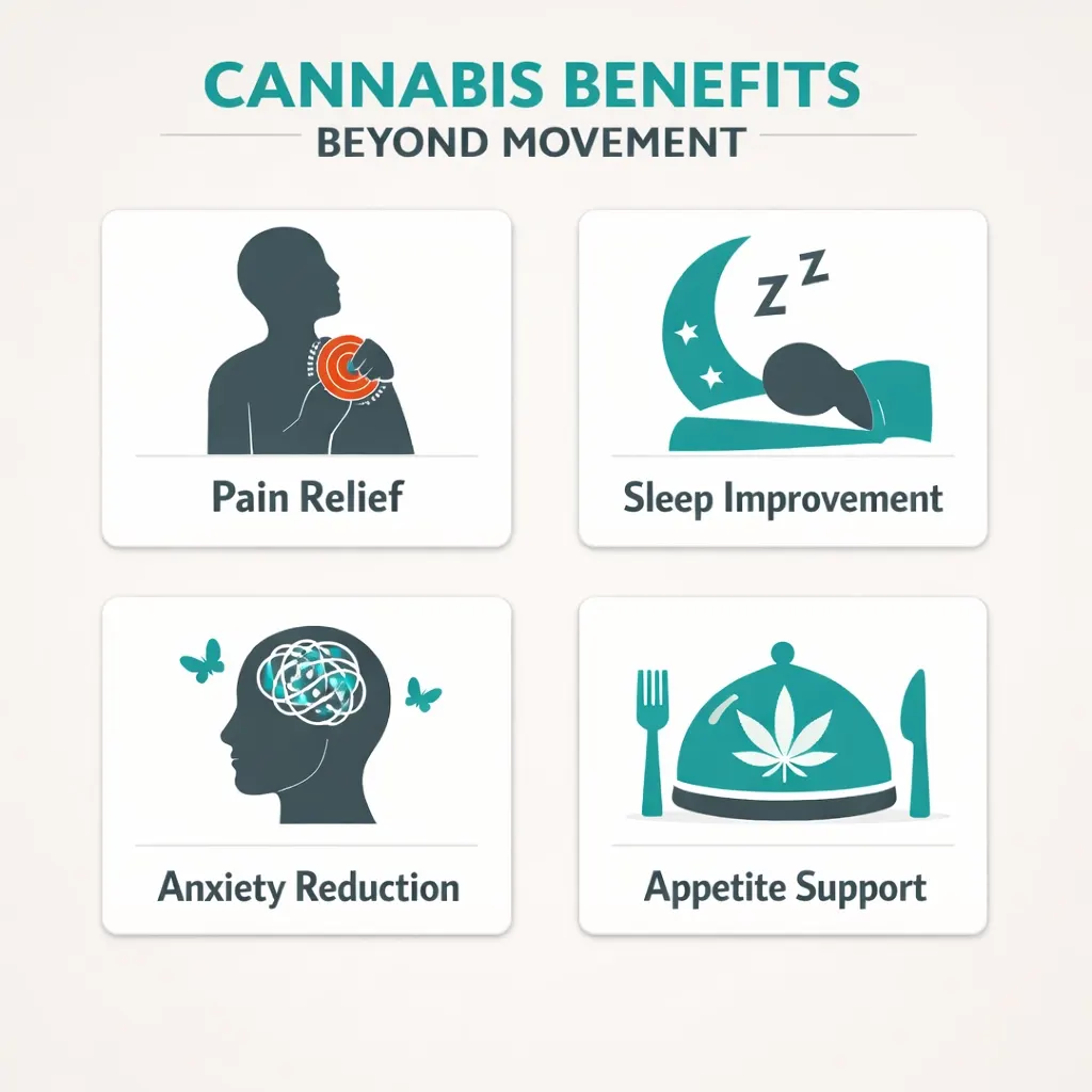 cannabis benefits pain sleep anxiety appetite movement disorders infographic