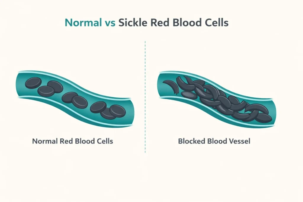 normal vs sickle red blood cells blocked blood flow diagram