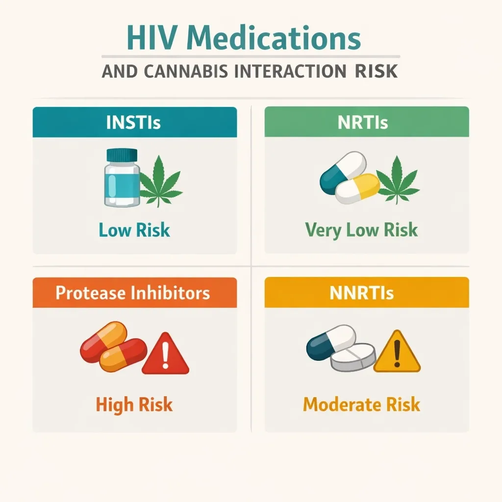 HIV medications cannabis interaction risk INSTI NRTI protease inhibitor NNRTI infographic