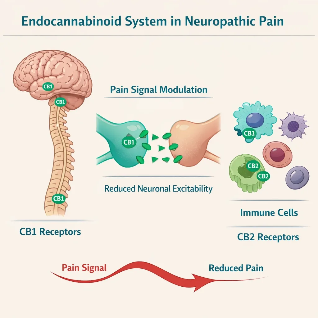 endocannabinoid system neuropathic pain CB1 CB2 receptors nerve signal modulation diagram