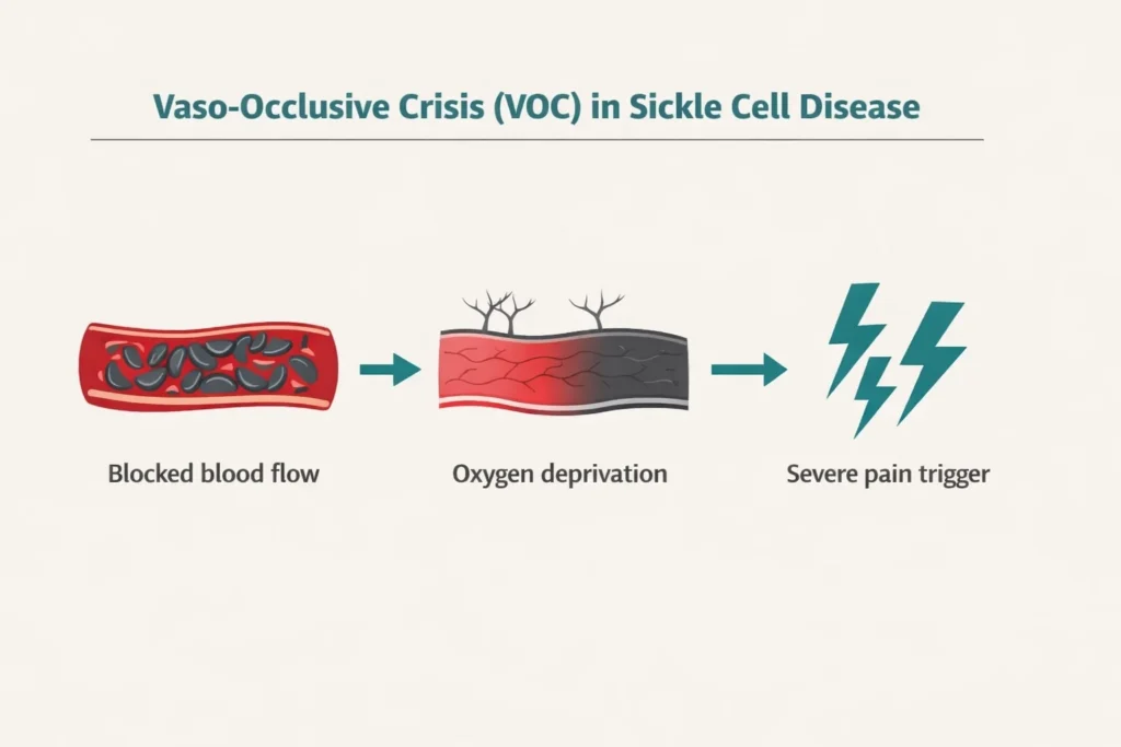 vaso occlusive crisis sickle cell blocked blood vessels severe pain infographic