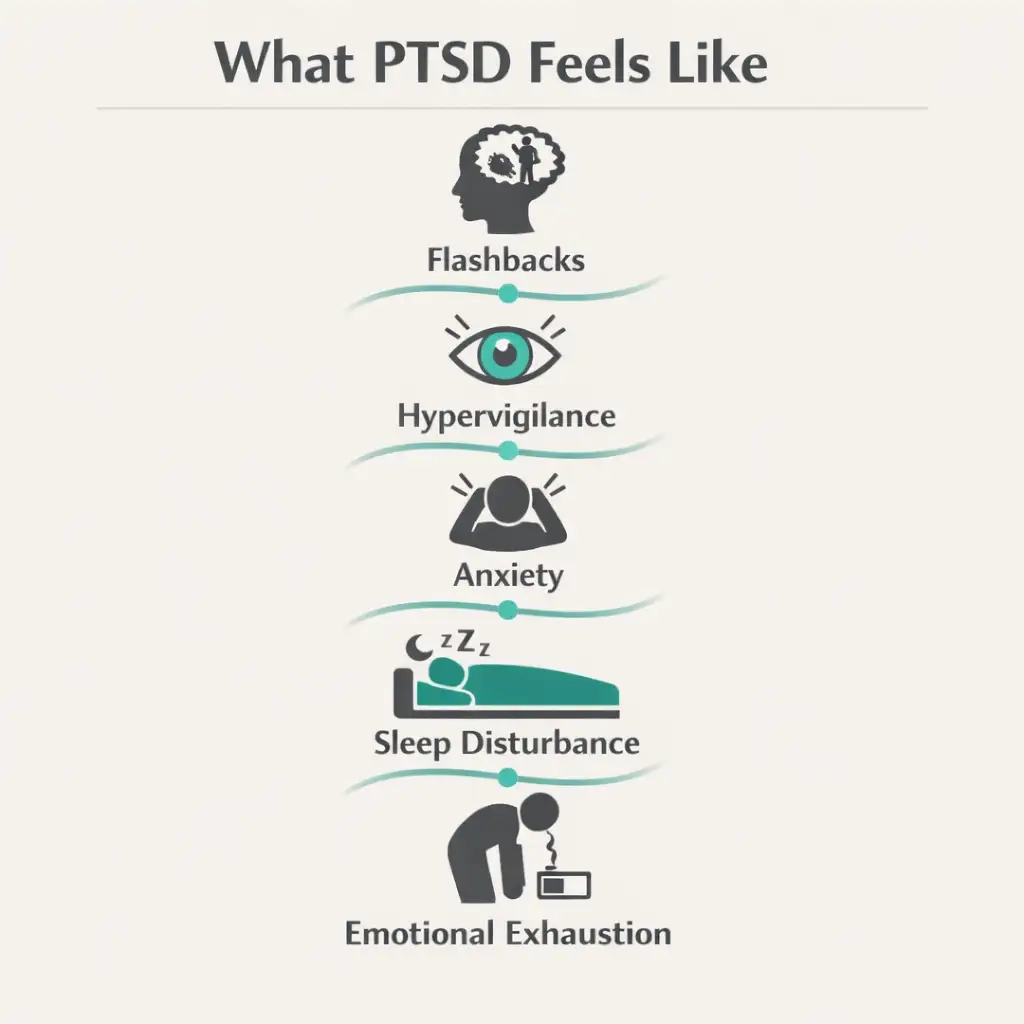 PTSD symptoms flashbacks hypervigilance anxiety sleep disturbance infographic