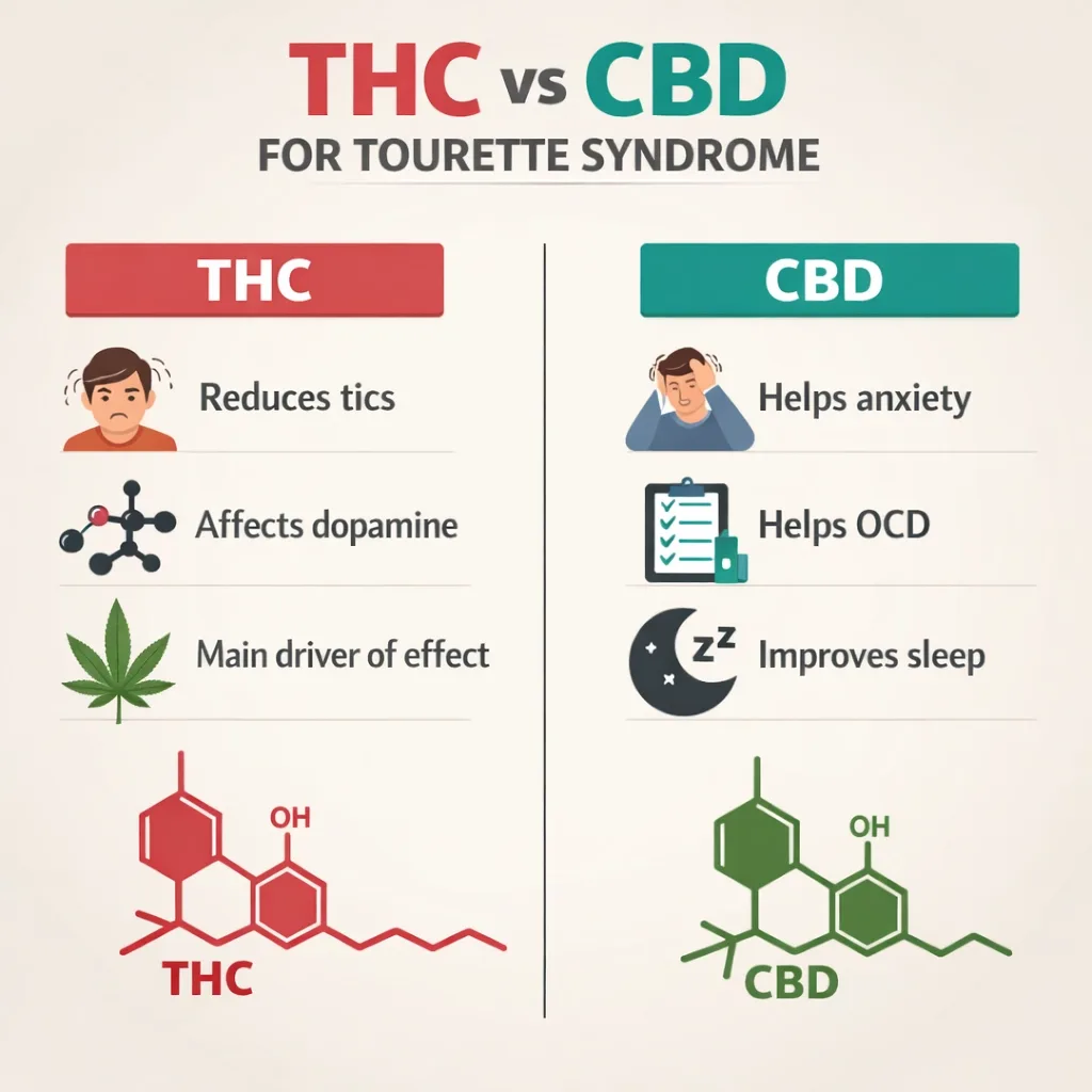 THC vs CBD Tourette syndrome tic reduction anxiety OCD sleep comparison infographic