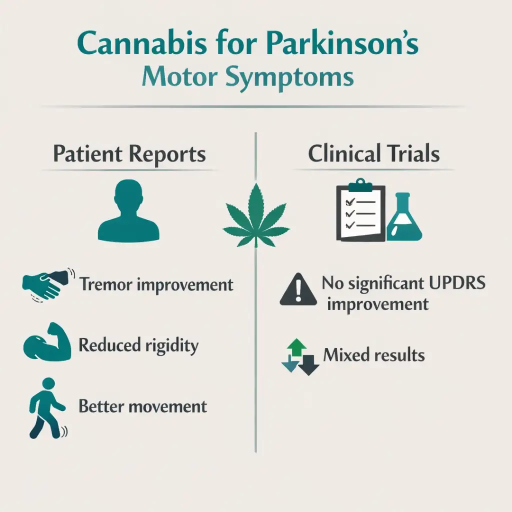 cannabis Parkinson’s motor symptoms patient reports vs clinical trials comparison infographic