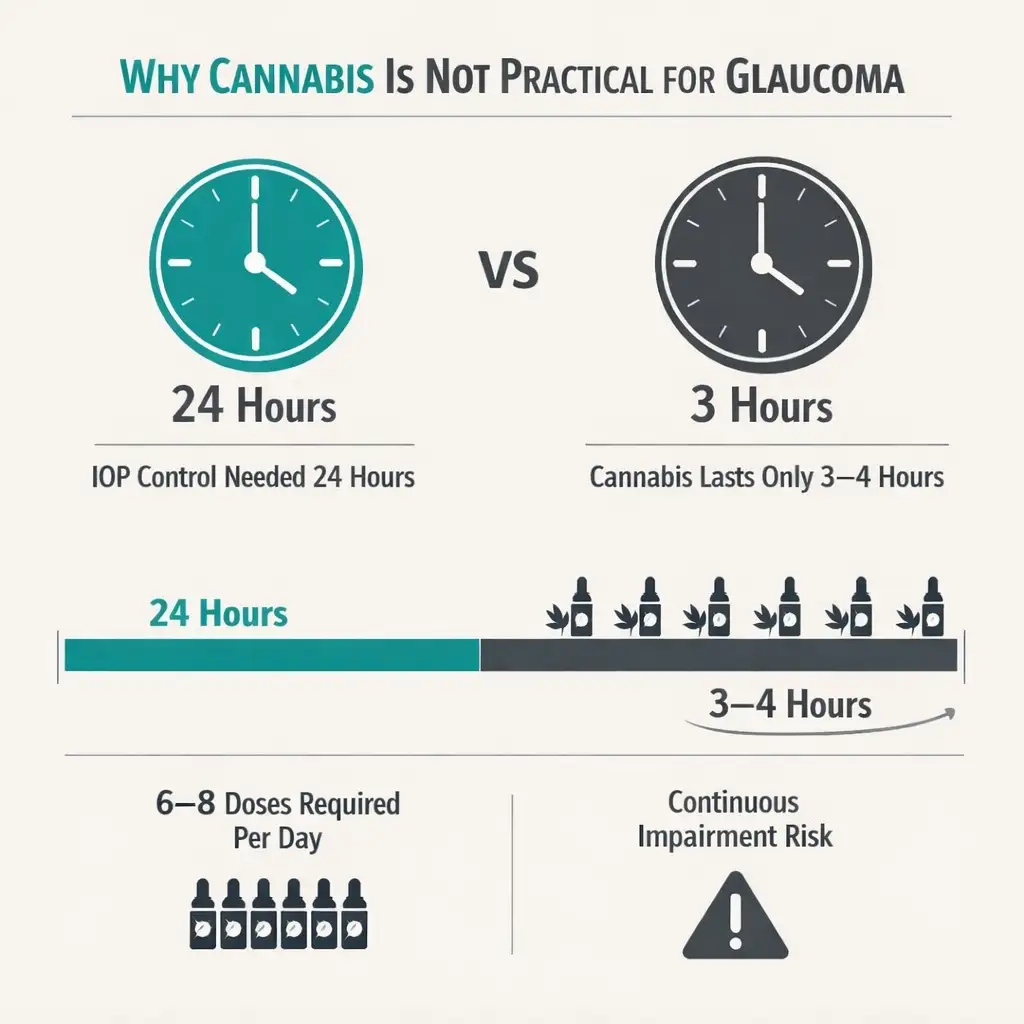 cannabis glaucoma short duration IOP control 24 hours vs 3 hours infographic