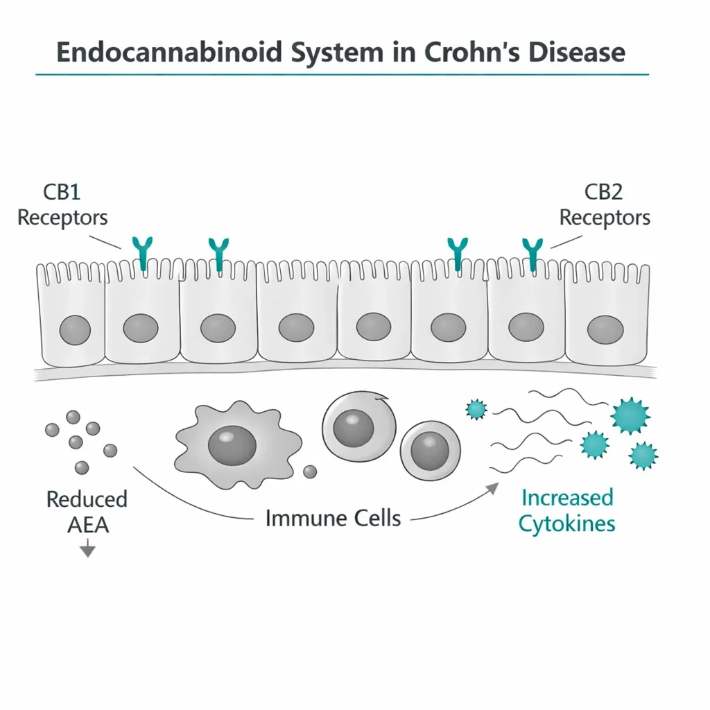 endocannabinoid system Crohn’s disease gut CB1 CB2 receptors inflammation illustration