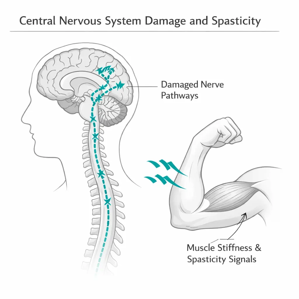 central nervous system damage brain spinal cord spasticity nerve signal disruption diagram