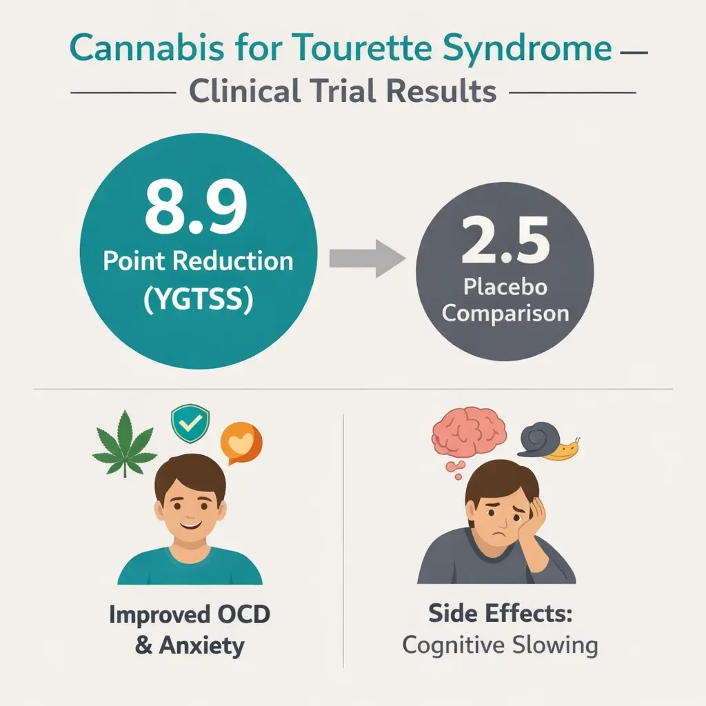 Tourette syndrome cannabis clinical trial YGTSS score reduction THC CBD study infographic