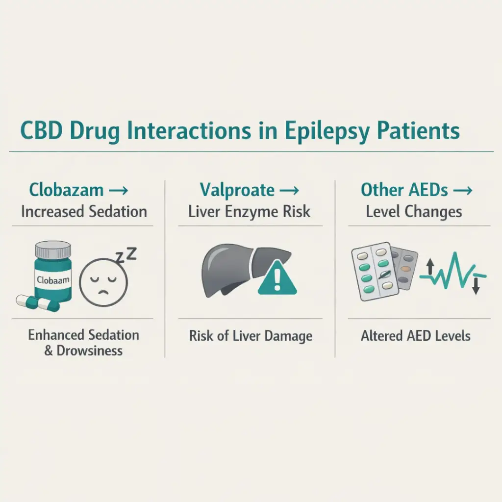 CBD drug interactions epilepsy clobazam valproate liver enzyme risk infographic