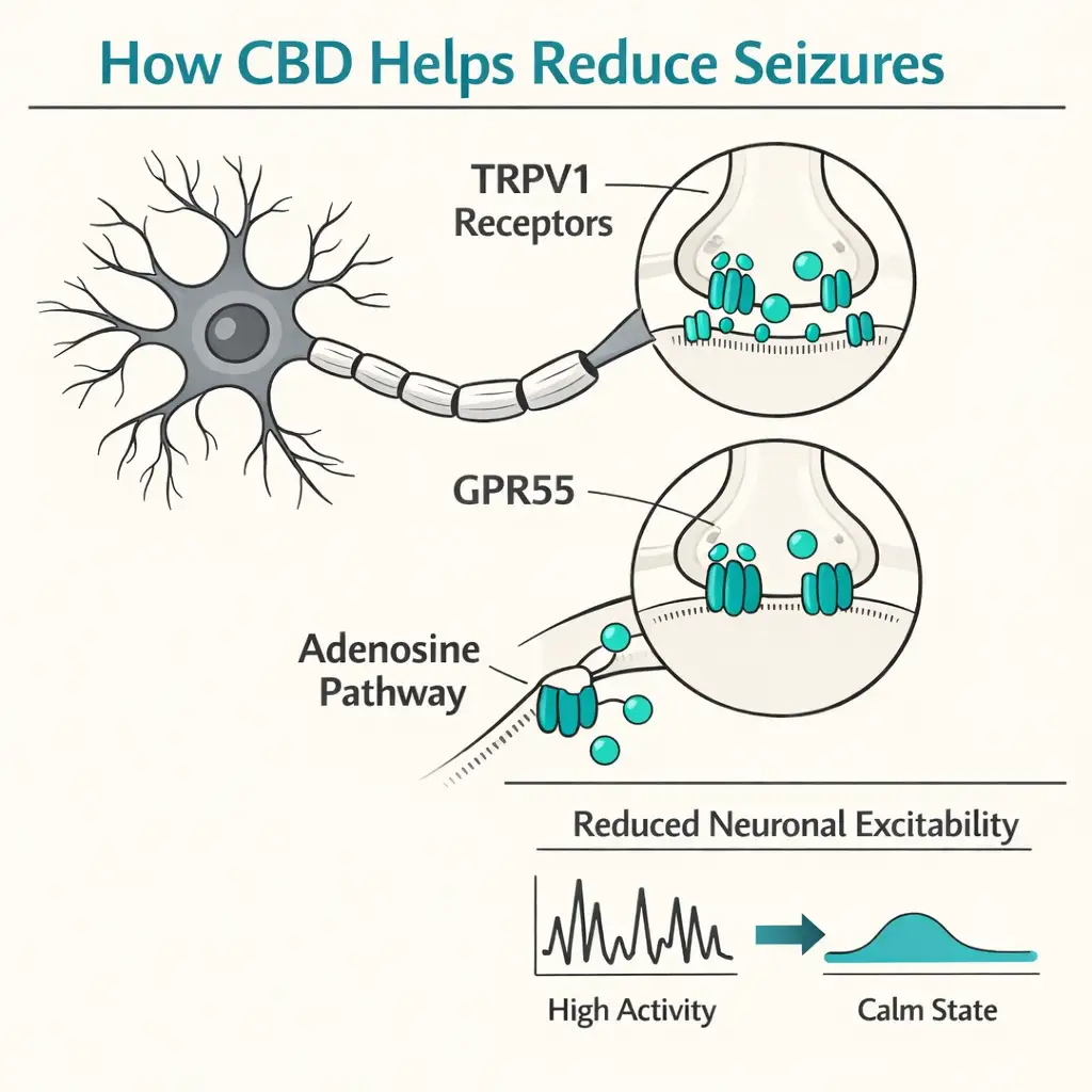how CBD reduces seizures TRPV1 adenosine GPR55 mechanism diagram epilepsy